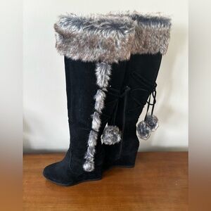 JustFab Stylish Black Suede Faux Fur Trimmed Knee-High Boots